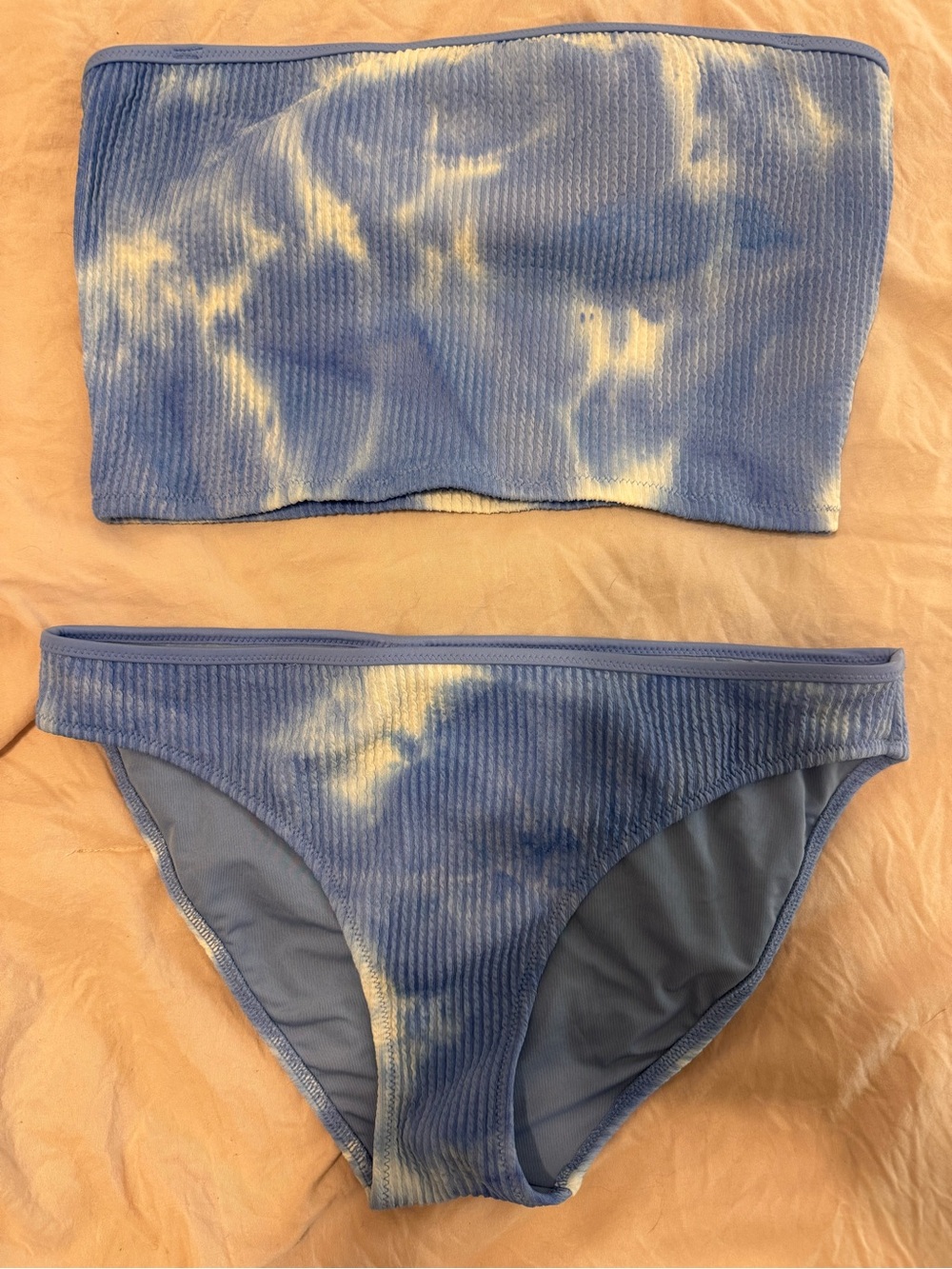 Blue Tie-Dye Ribbed Bandeau Bikini Set
